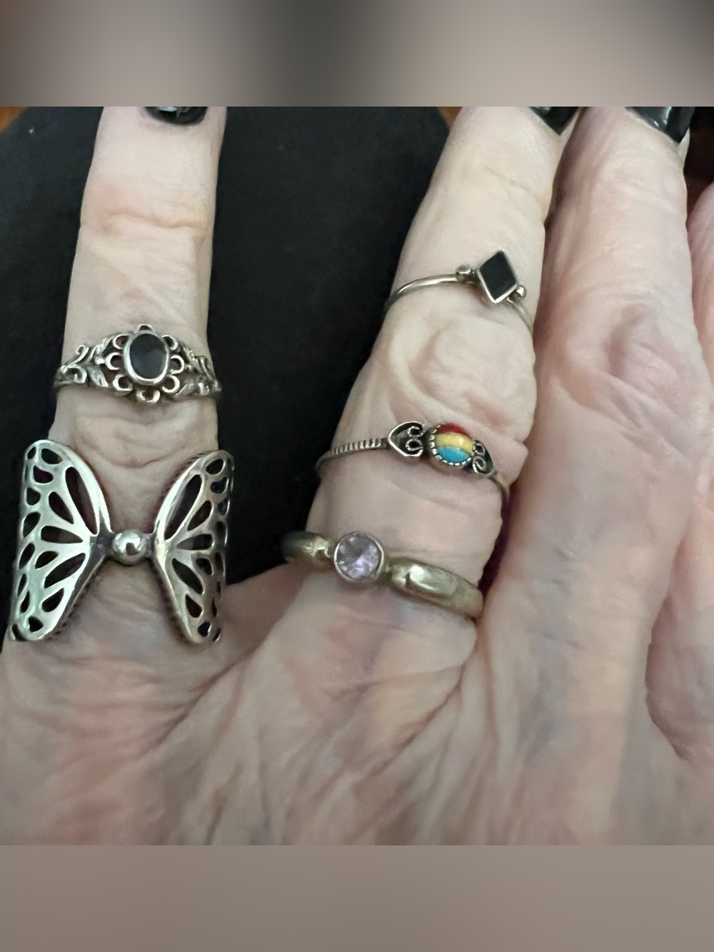 Sterling Silver Multi-Ring Set with Black and Rainbow Accent Rings